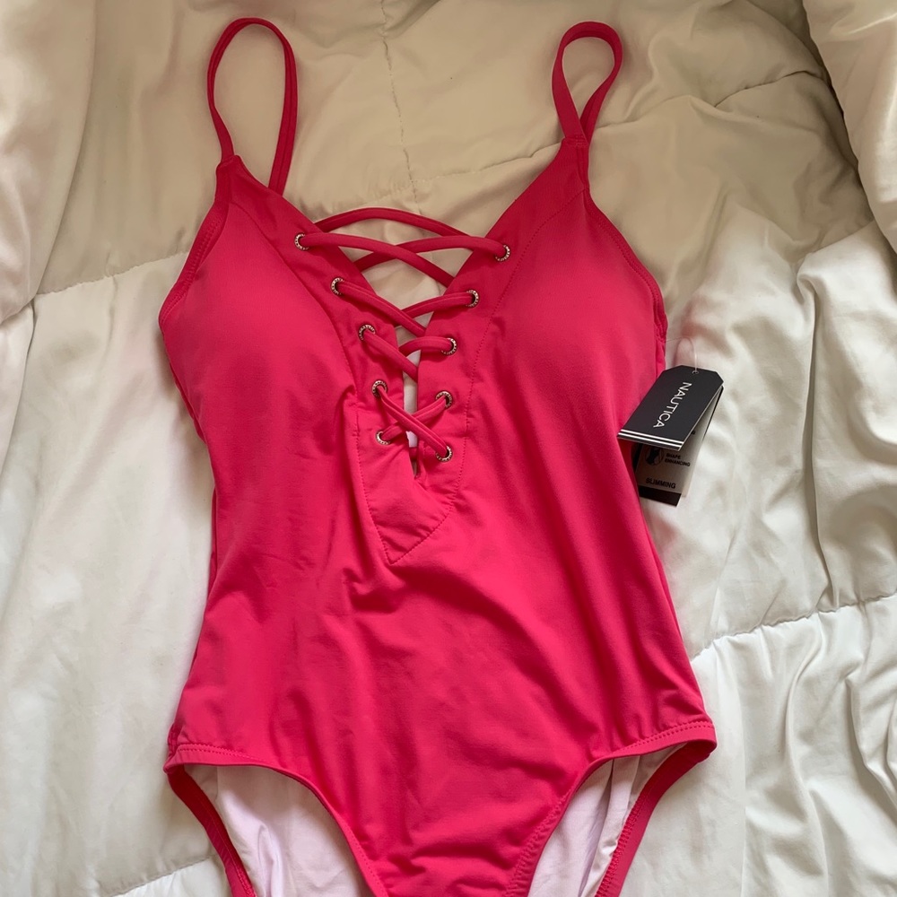 Pink Nautica Lace Up One Piece Swimsuit NWT Size M